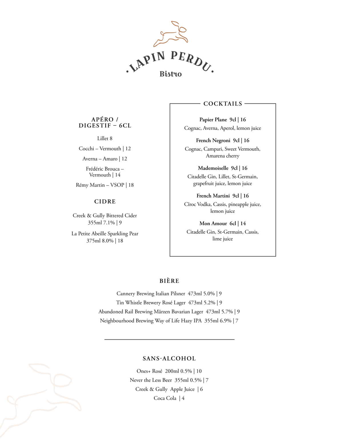 Bistro Lapin Perdu Beverage Menu